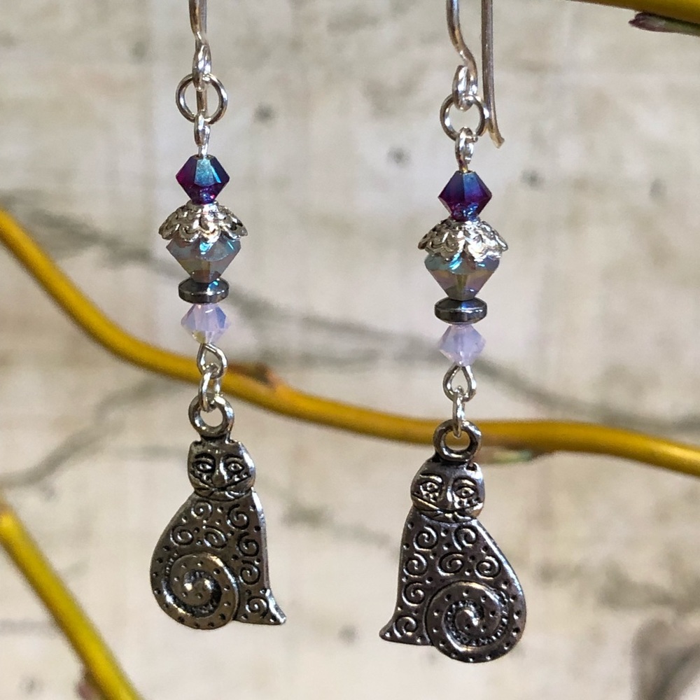 Kitty Cat Earrings - Cat Jewelry, Pink Swarovski